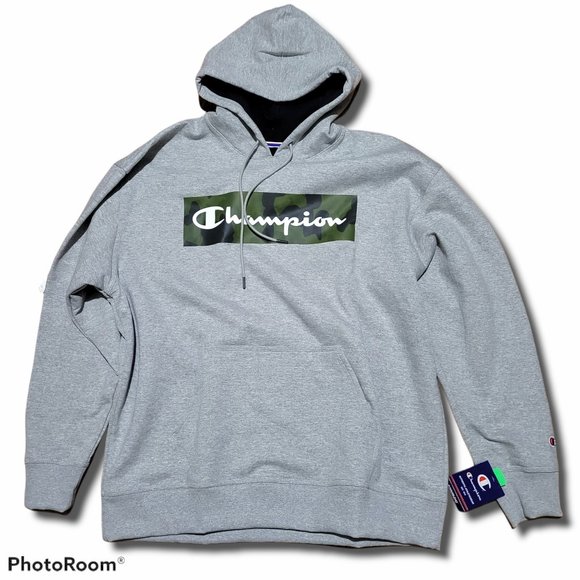 Champion PowerBlend Fleece Pullover Hoodie Sweatshirt Grey Camo 2XL Script Oxfor - Picture 2 of 7